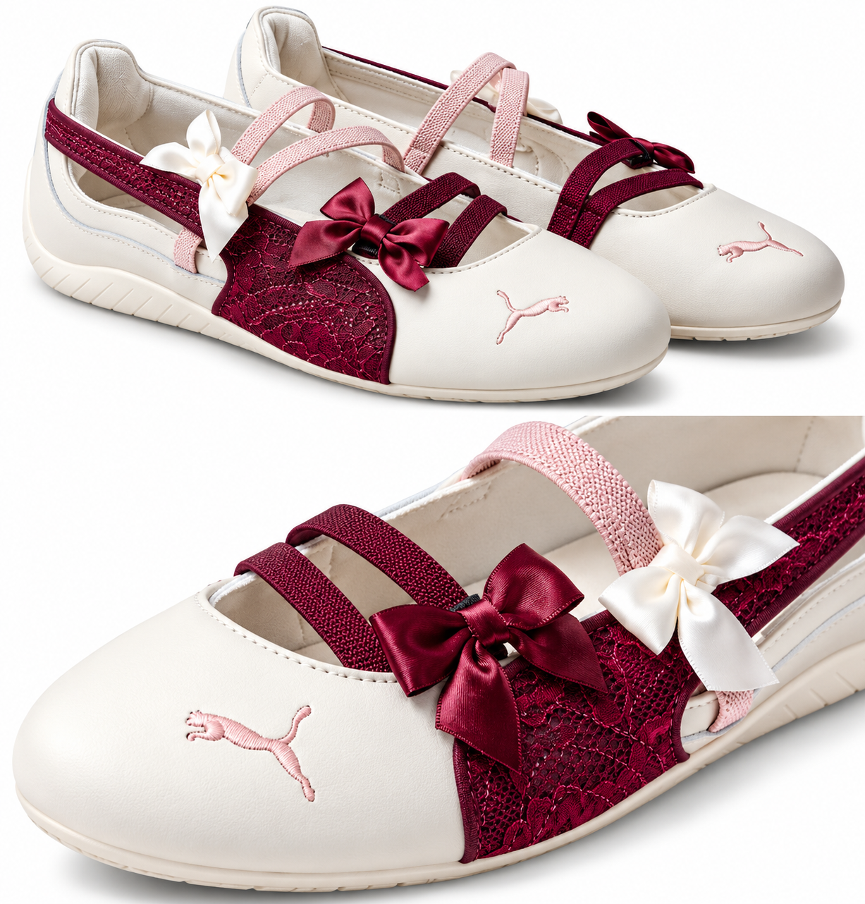 Puma Women's Ballet Flats Cream Pink Burgundy - Image 4