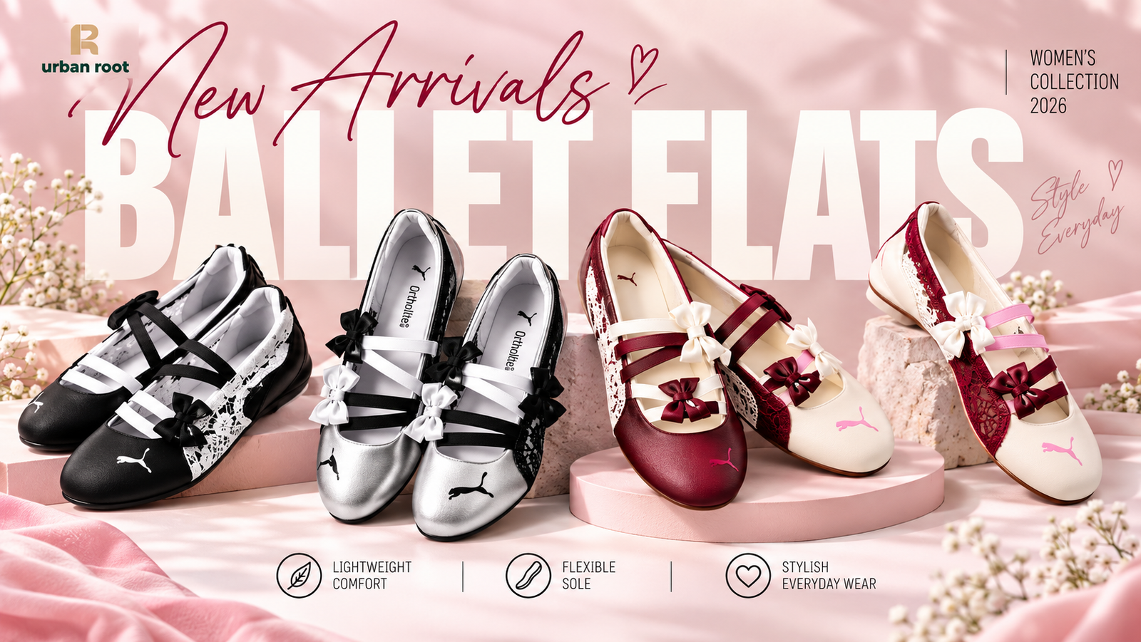 Urban Root new arrivals women’s ballet flats collection in black, silver, burgundy and ivory, featuring stylish bow and lace details.